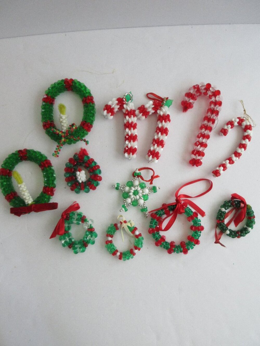 Hand Made Beaded Christmas Ormaments Candy Canes & Wreaths Lot of 12 Vintage